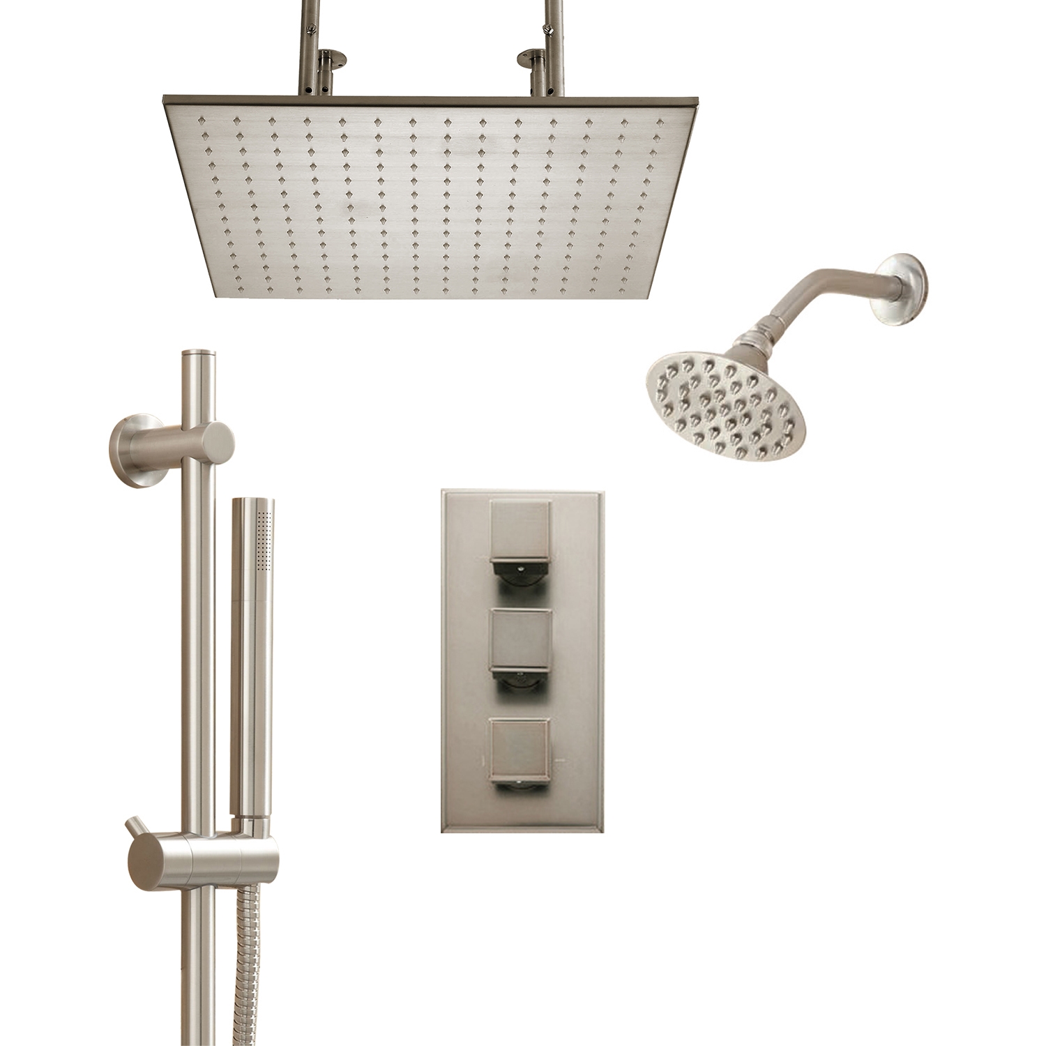 Brushed Nickel Ceiling Mount Rainfall Dual Shower Head Set With Handshower